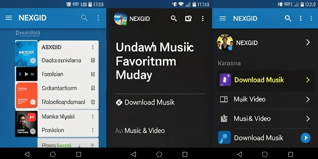 Screenshot aplikasi NEXGID menampilkan antarmuka pengguna untuk Download Musik.